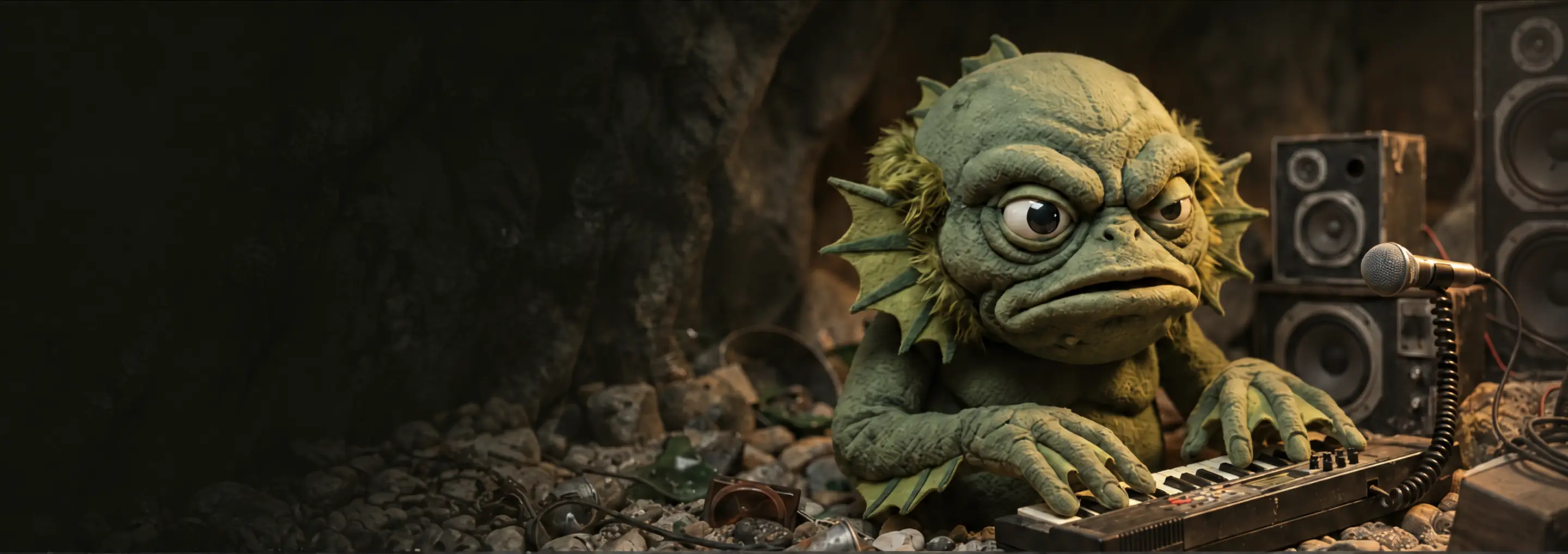 Marais Mood : la bête, une marionnette, joue du synthé dans sa grotte, entre enceintes et micro