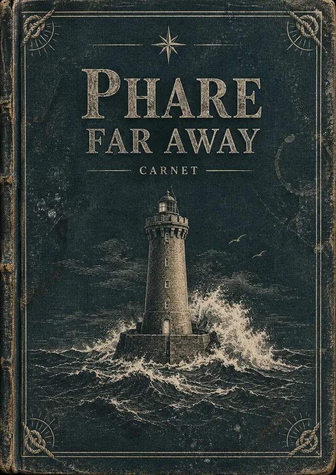 Phare : le carnet ouvert sur sa couverture, face au phare dans la brume du large